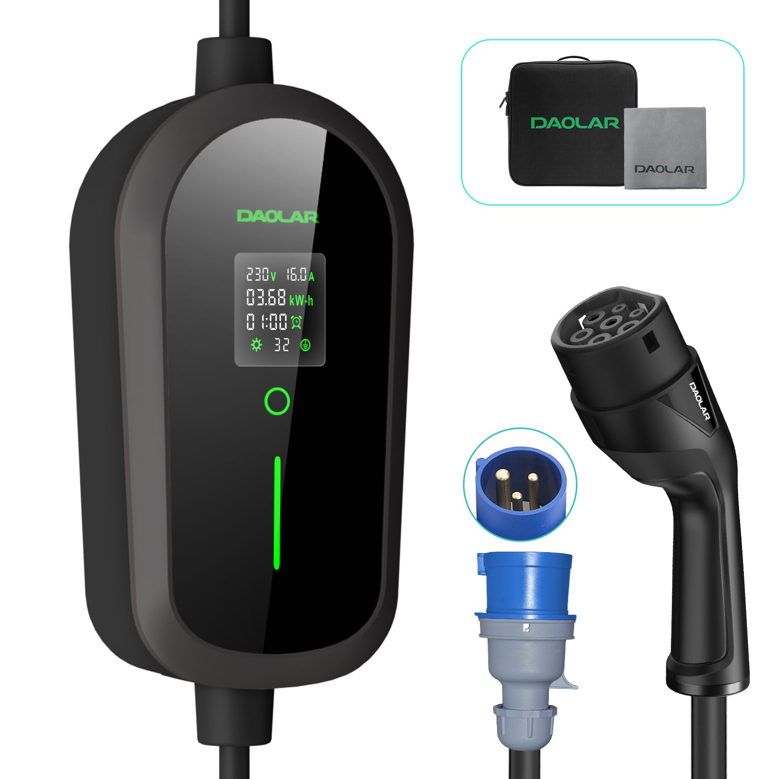 Chargeur Voiture Électrique DAOLAR 3,5KW - Type 2 Portable 6-16A - Écran LED - Câble 6m - PHEV/EV