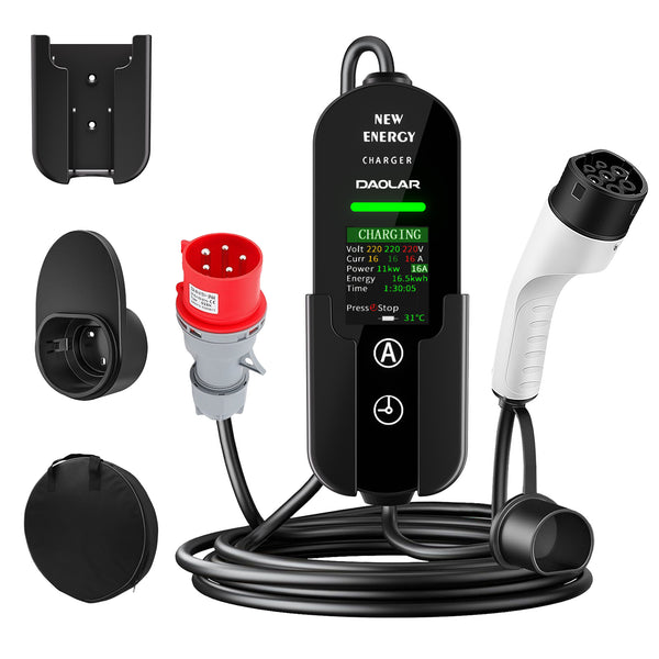 Daolar Type 2 Charging Cable 11 kW, EV Charger Three-Phase CEE 16A Mobile Wallbox Charging Station Adjustable Current and Limit charging time for All Electric Vehicles EV PHEV