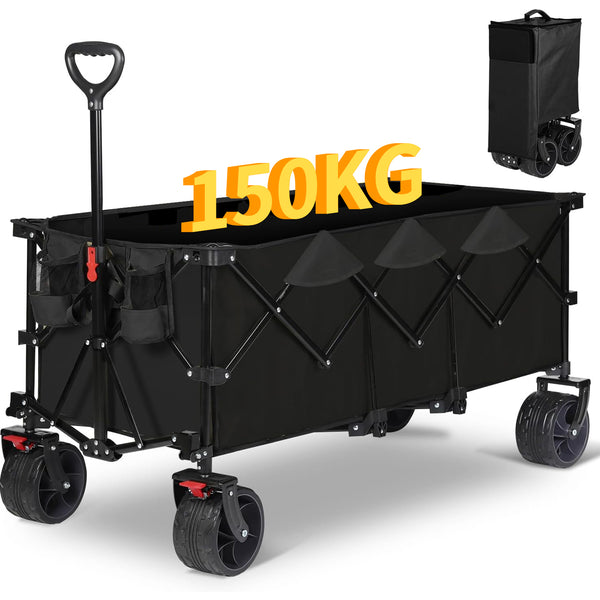 [XXL] Daolar Collapsible Wagon Heavy Duty 300L / 150kg, Foldable Handcart with brake Big All-Terrain Beach Wheels & Drink Holders Adjustable Handle