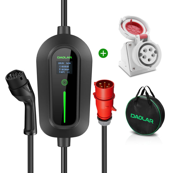Daolar 11KW EV Charger with 5-Pins CEE plug 16A 5m/10M Charging Cable for Electric Vehicles EVSE + 3-phases 16A socket + Cable Storage Bag
