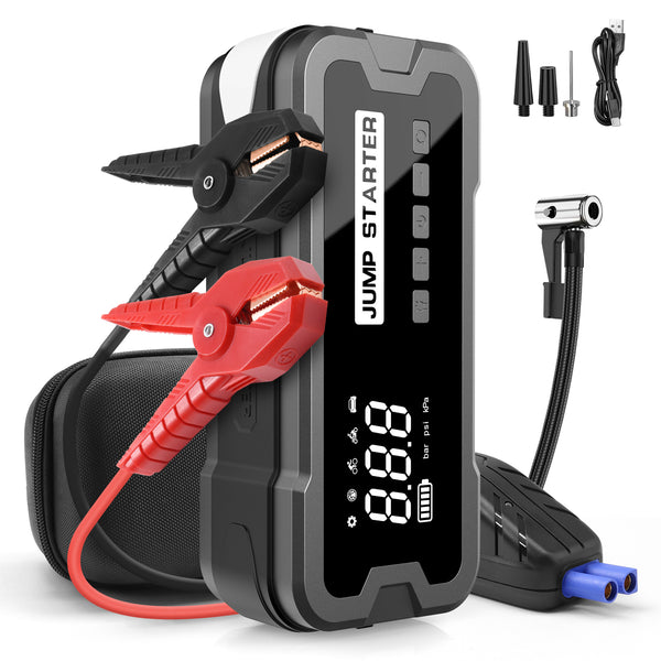 Daolar 2-in-1jump starter power with air pump, bank 800 a peak current, 8000 mah car battery booster with led torch and safety clips for 12 v vehicles suv motorcycle