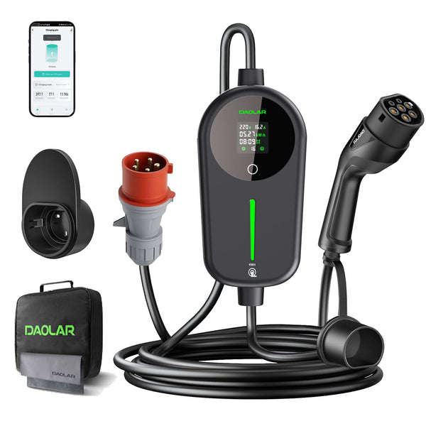 Daolar Mobilní Wallbox 11 kW s Elektroměrem, 6-16A 3-fázová Nabíjecí Kabel typu 2 s Nastavitelnou Kapacitou Nabíjení kWh, Nabíjecí Stanice s Ochranou IP65