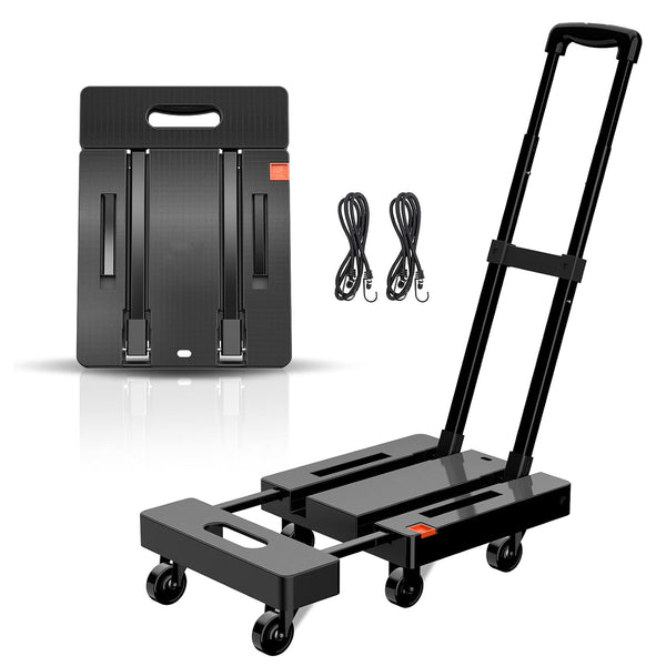 Daolar Folding Hand Truck, 200KG Heavy Duty Platform Cart with 6 Wheels and 2 Elastic Ropes for Luggage, Travel, Car, Shopping, Moving and Office, Black