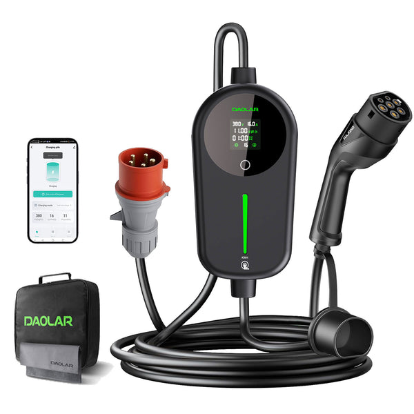 [Flagship] Daolar Mobile Wallbox 11 kW with Electricity Meter, 6-16A 3-Phase Type 2 Charging Cable with Adjustable charging KWH, IP65 Waterproof Charging Station