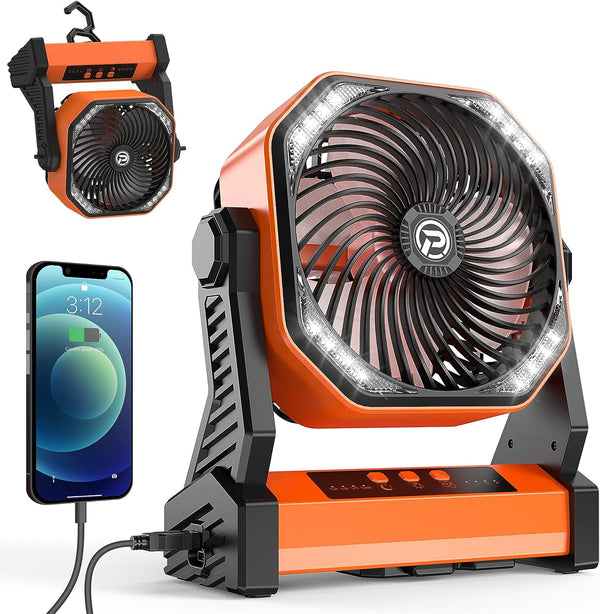 Daolar 20000mAh Camping Fan with LED light and Light & Hanging Hook, 4 Speeds USB Desk Fan for Camping, Tent, Power Outage, Hurricane, Jobsite