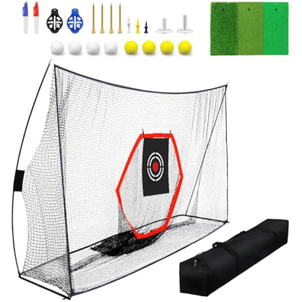 Daolar 10x7 ft Golf Practice Hitting Net with Golf Mat, Heavy Duty Golf Nets with Center Target, 8 Golf Balls, 9 Golf Tees, 2 Marking Pens for Backyard Driving, Indoor Outdoor Chipping Training Net